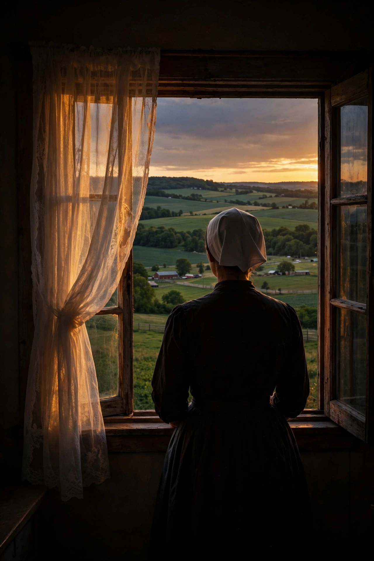 Hannah seen from behind in her prayer cap, standing at an open window looking out over the rolling farmland of Holmes County, Ohio at sunset