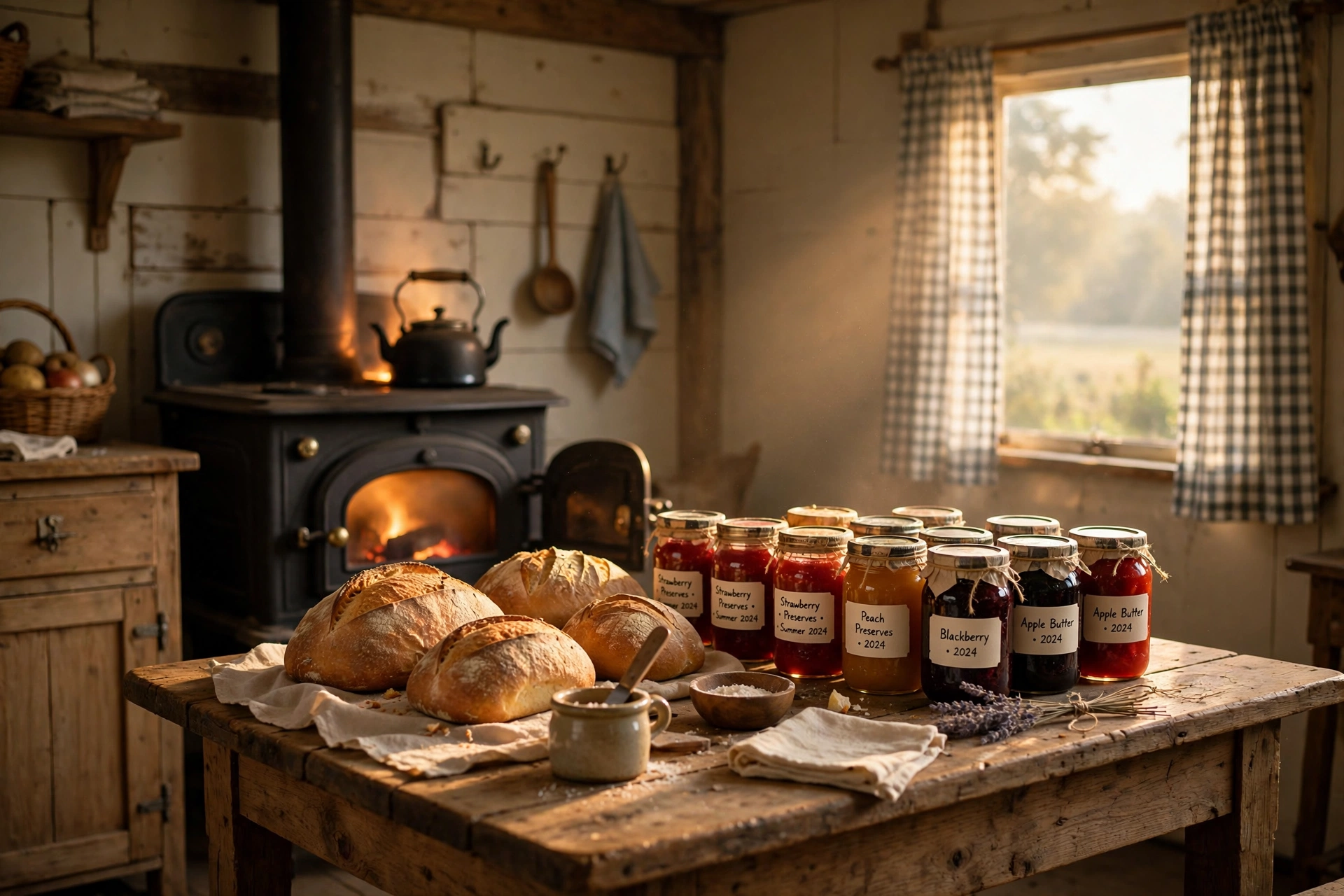 A farmhouse kitchen table with fresh-baked bread and jars of preserves beside a glowing wood stove