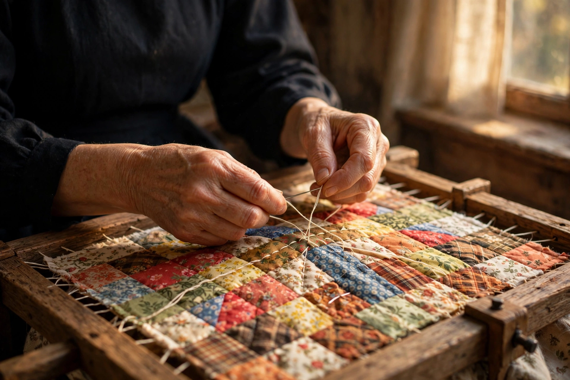 Hands stitching a patchwork quilt on a wooden quilting frame in warm window light